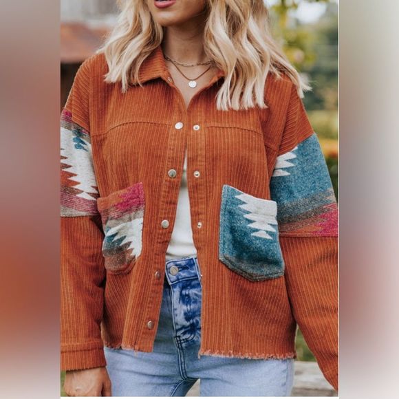 Boutique Brand Brown Button Down Aztec Patchwork Corduroy Jackets Front Pockets - Picture 7 of 9